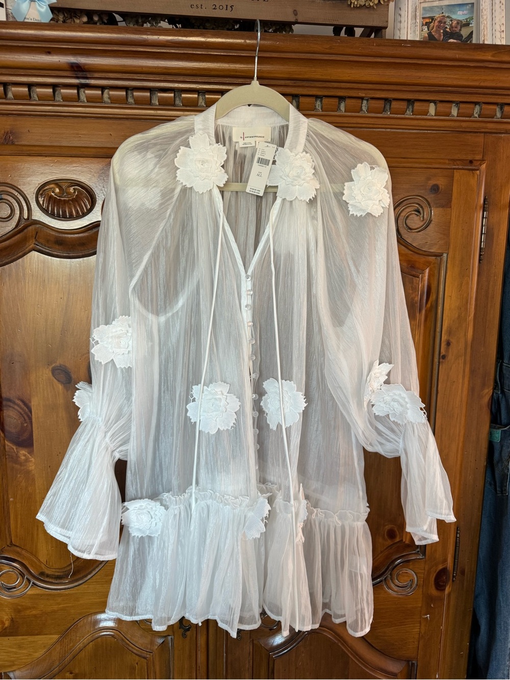 Anthropologie White Sheer Floral-Appliqué Tunic